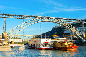 Touristic cruise boats bridge Porto