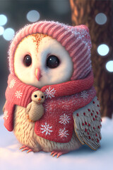 Barn owl with hat and scarf brings your greetings in an adorable way, big eyes in a cute face, snowy landscape, winter, Christmas, season, illustration, digital