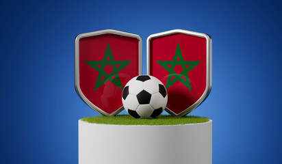 Morocco flag soccer shield with football ball on a grass podium. 3D Rendering