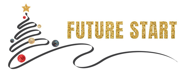 Future Start in Happy New Year banner template with copy space. light bulbs and stars. Winter Holiday card concept. Christmas Tree With Baubles.