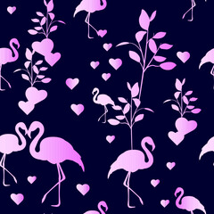 Tropical seamless pattern. Print with flamingo, leaves and hearts. Pink color. Wrapping template, bedding, textiles and wallpapers.