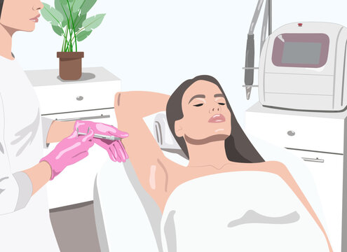 vector image. Aesthetic cosmetologist makes lipolytic injections to burn fat on the arm and body of a woman. Female aesthetic cosmetology in a beauty salon.Cosmetology concept.Illustration. 