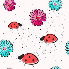 Cute ladybug with flowers, vector illustration. Nature seamless pattern, packaging template, graphic design, print, textile and wallpaper.