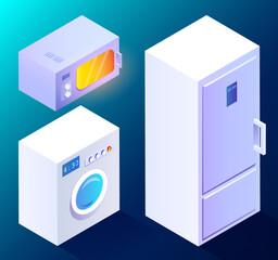 Set of appliances and modern equipments for smart house. Washing machine and refrigerator, modern microwave oven with light function. Kitchen devices and gadgets for home vector in isometric style