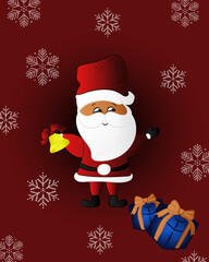 Christmas card with santa claus, bell and gifts. Red background with snowflakes. Christmas greeting card.