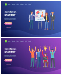 Business startup vector, presentation and presenter showing ideas and diagrams infographics and schemes, charts successful team working together. Website or webpage template, landing page flat style