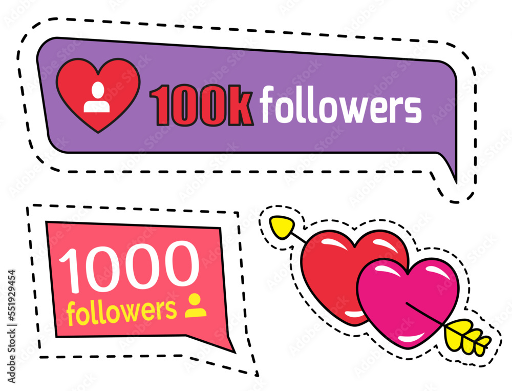 Aufkleber followers and likes stickers and patches set, collection of isolated icons in flat style. social med