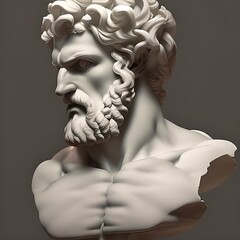 3D illustration featuring a chiseled white marble statue bust of Greek god Zeus, also known as the Roman god Jupiter, god of thunder and the king of gods on Mount Olympus in ancient Greek Mythology