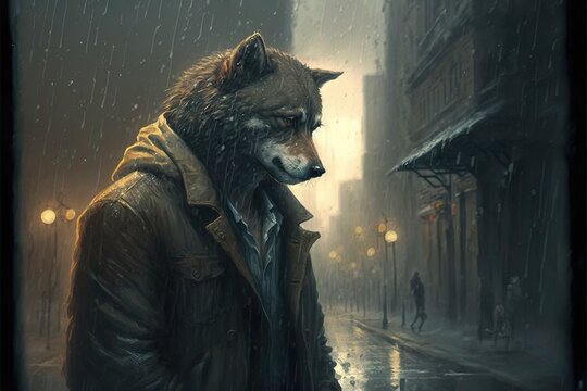 humanoid wolf standing in the rain