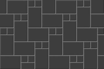 Black herringbone inserted tile background. Causeway texture. Kitchen backsplash mosaic surface. Bathroom, shower or toilet floor decoration. Ceramic brick wall pattern. Vector flat illustration