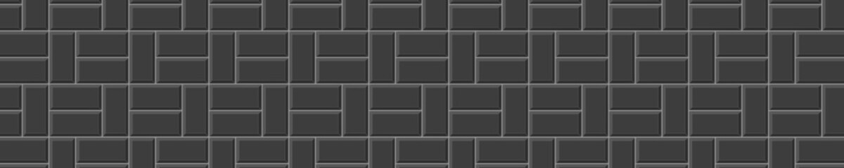 Black basketweave tile horizontal mosaic layout. Kitchen backsplash texture. Bathroom, shower or toilet floor. Pavement surface. Stone or ceramic brick wall background. Vector flat illustration