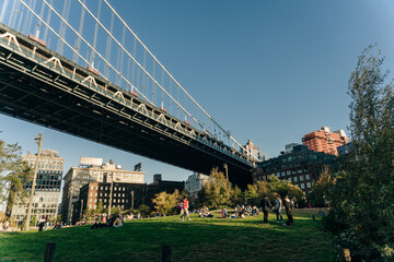 Brooklyn bridge view to Downtown Manhattan, New York, United States. 03.07.2022