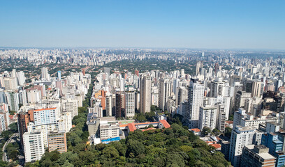 Aerial view of Jardim Paulista, Pinheiros, Jardins, Itaim Bibi and Ibirapuera neighborhoods from Avenida Paulista. Sao Paulo city, Brazil.