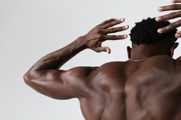 Fototapeta na wymiar African American athletic man with naked torso and good physique. Mock-up.