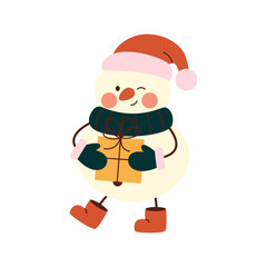 Cute christmas snowmen in warm scarve, mittens. Cheerful happy snowmen in costume and gift standing with legs in boots. Winter holidays snow men. Merry Xmas. Flat vector.