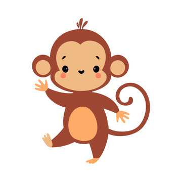 Cute Playful Monkey with Long Tail Waving Paw Greeting Vector Illustration