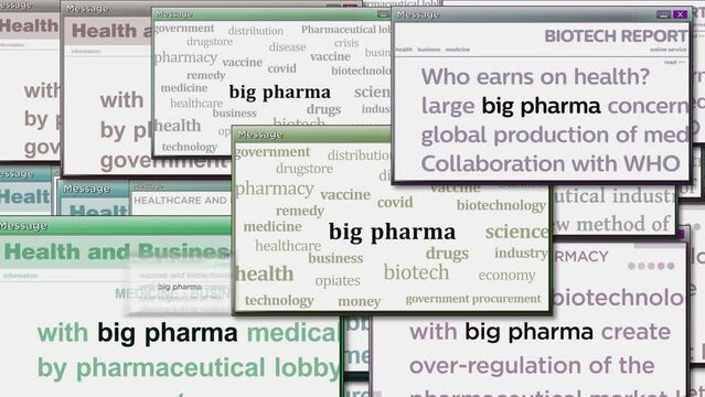 Big Pharma pop up windows with medicine and pharmaceutical business on computer screen. Abstract concept of news titles across media. Seamless and looped display animation.