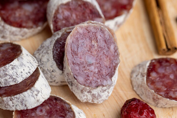 Sausage cut into pieces on the table