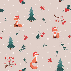 Christmas animals seamless pattern. Cute fox