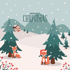 Fototapeta na wymiar Cute fox Christmas greeting card. Christmas town
