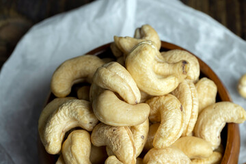 Hard roasted and peeled cashew nuts on the table