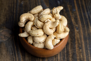 Hard roasted and peeled cashew nuts on the table