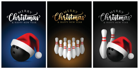 Bowling Christmas Balls with Santa Hat and pin - Merry christmas Greeting Card - vector design illustration - Set of Blue Gold Black Background - obrazy, fototapety, plakaty