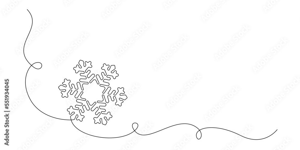 Poster One continuous line drawing of christmas snowflake. Winter holidays and cold flake symbol in simple linear style. Holiday icon with empty space in editable stroke. Doodle vector illustration