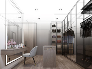sketch design of interior walk-in closet room, 3d rendering