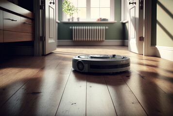 The home is cleaned every day by a smart robot vacuum cleaner on a hardwood floor. Generative AI