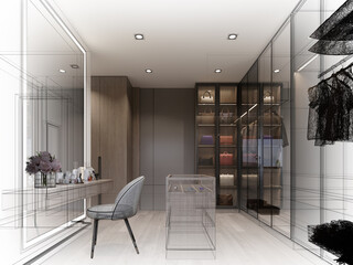 Obraz premium sketch design of interior walk-in closet room, 3d rendering