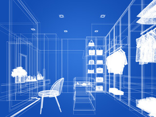 sketch design of interior walk-in closet room, 3d rendering
