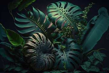 Dark green tropical leaves on black background, leaves composition, floral background, manstera, palm leaves. AI