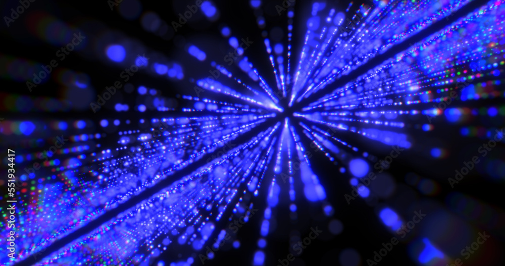 Poster bright glowing blue beautiful laser lines from dots and particles with blur rainbow effect backgroun