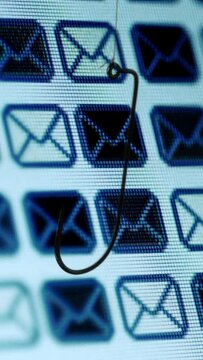 Fish hook against mail bacround phishing concept vertical video