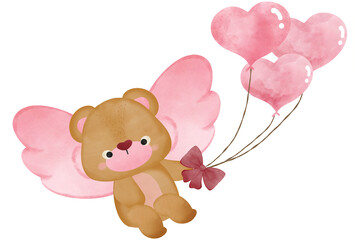 adorable brown bear as cupids, valentine days, hold ballon, smile, present, gift mini heart in pink theme