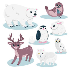 Vector set cartoon isolated cute baby animal characters with funny polar bear, happy walrus with fish and penguin, white fox. Wild animals and birds of North, nature of Arctic and Antarctic