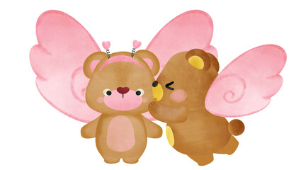 adorable brown bear as cupids, valentine days, hold ballon, smile, present, gift mini heart in pink theme