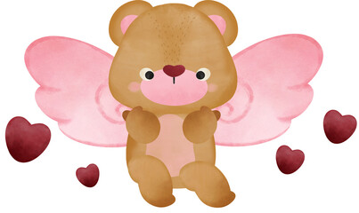 adorable brown bear as cupids, valentine days, hold ballon, smile, present, gift mini heart in pink theme