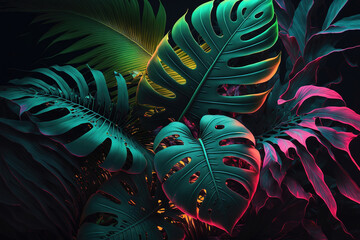 Dark green tropical leaves colorful neon light, backlight, leaves composition, plant background, manstera, palm leaves. AI - obrazy, fototapety, plakaty