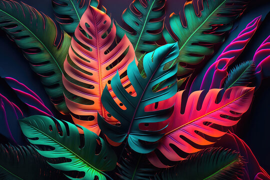 Dark green tropical leaves colorful neon light, backlight, leaves composition, plant background, manstera, palm leaves. AI