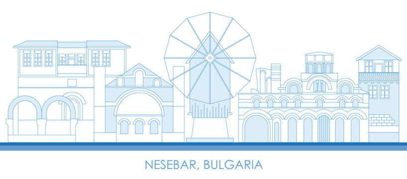 Outline Skyline panorama of town of Nessebar, Bulgaria - vector illustration