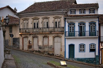 
Street with facade of historic townhouses in the city of Ouro Preto, Minas Gerais, UNESCO cultural...