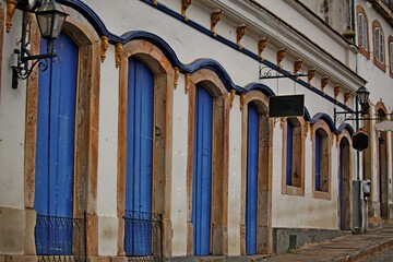 Closeup of the colorful doors of the historic townhouses in the city of Ouro Preto, Minas Gerais, a UNESCO cultural heritage site.