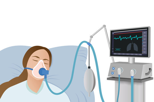 The Patient Lies On A Hospital Bed With An Oxygen Mask On A Ventilator In Critical Condition. Emergency Medical Care. Resuscitation Of Patientsные