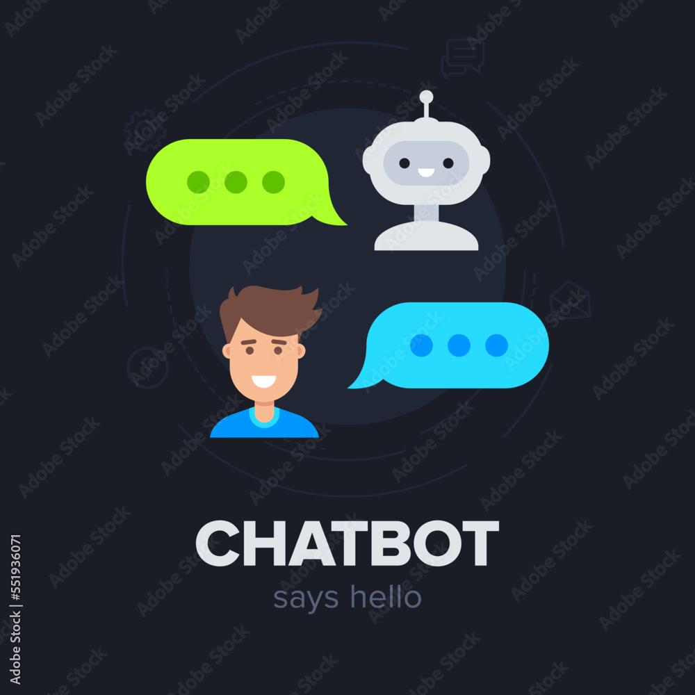 Poster chatbot concept. cute smiling robot make conversation with young man. bot's and man's avatars with s