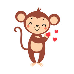 Cute Playful Monkey with Long Tail Holding Love Heart Vector Illustration