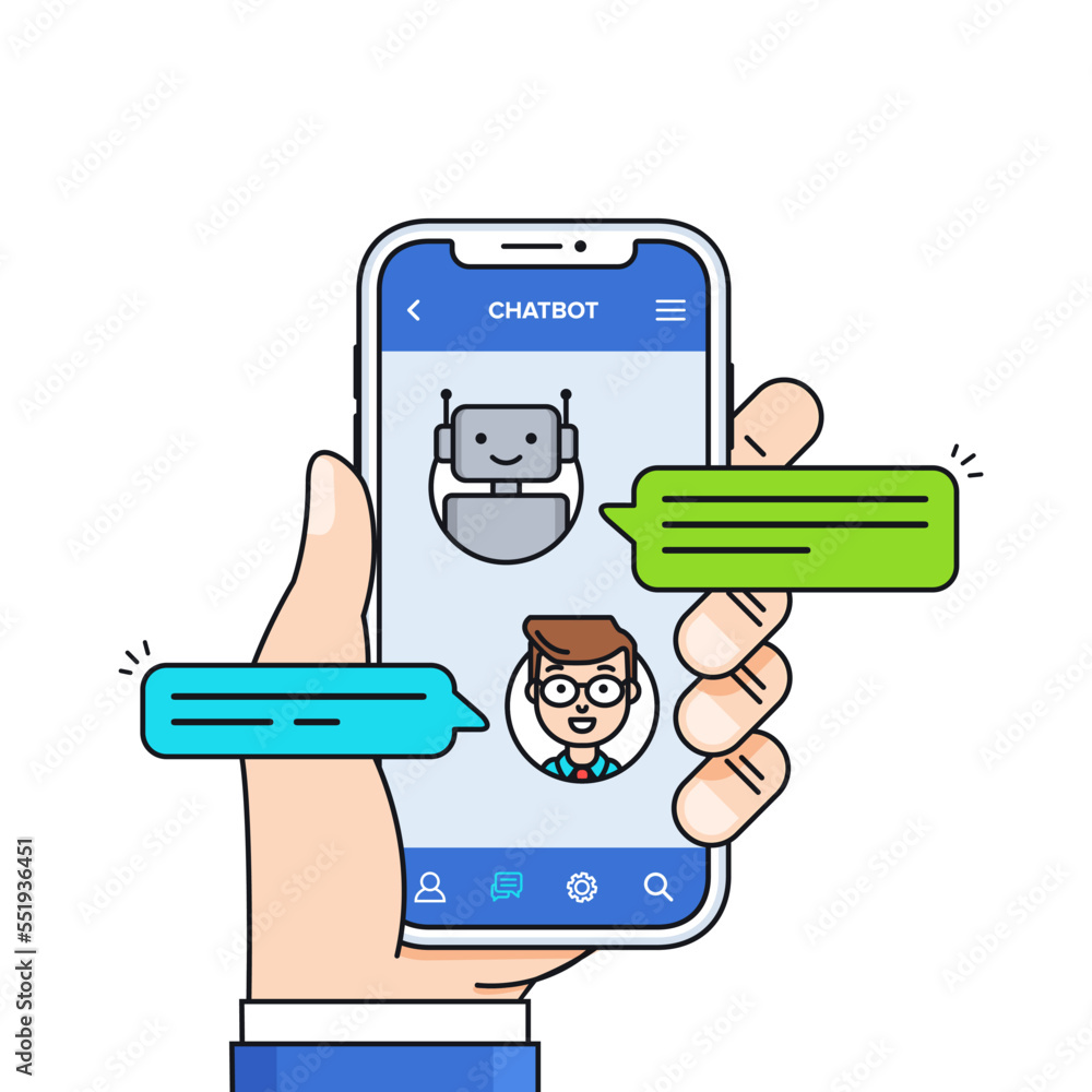 Poster chatbot concept. man chatting with chat bot on smartphone. smart bot answer to user in the messenger