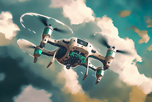 Close up of a quadcopter soaring in the skies against a cloudy backdrop. Generative AI