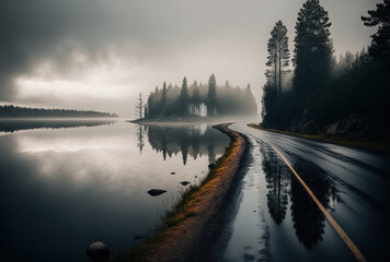 Vertical view of a road near a lake with a foggy sky in the background. Generative AI